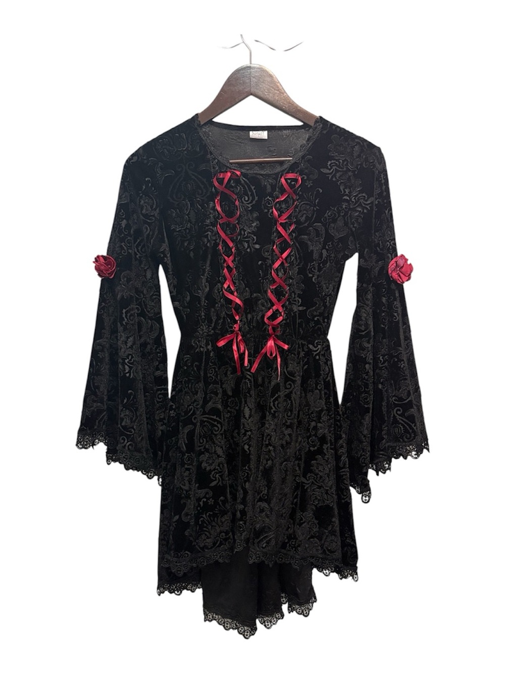 Black Velvet Lace-Up Bell Sleeve Dress with Red Ribbon Accents whimsigoth